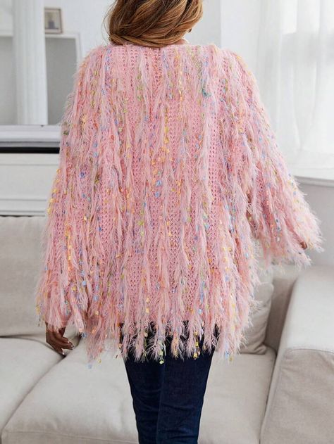 SHEIN Essnce Fringe Trim Fluffy Open Front Cardigan | SHEIN USA Color Pick, Fringe Trim, Open Front Cardigan, Shoulder Length, Front Open, Length Sleeve, New Arrivals, Cute Outfits, Trim