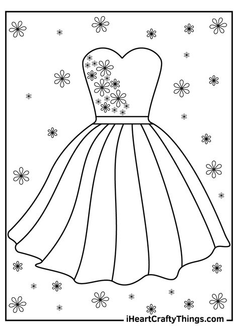 Dress Coloring Pages Fashion Designers, Barbie Dress Drawing, Drawing Of Dresses, Art Dress Drawing, How To Draw A Dress, Dress Line Art, Dress Art Drawing, Princess Dress Drawing, Dress Coloring Pages