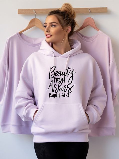 Beauty for Ashes Isaiah 61:3 Graphic Hoodie Colors: Soft Pink; Soft Cream; Lilac; Oatmeal Heather Materials: 80% Cotton; 20% polyester Hoodie Colors, Beauty For Ashes, Isaiah 61, Jesus Clothes, Christian Tshirt Design, Christian Shirts Designs, Trendy Shirt Designs, Boutique Couture, Cute Shirt Designs