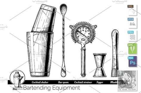 illustration of bartending equipment by CatMadePattern on @creativemarket Mixology Tattoo Design, Bartending Tattoos, Bartender Equipment, Cocktail Shaker Tattoo, Bartender Tattoo Ideas, Bartender Tattoo, Bartender Tools, Cocktail Illustration, Yin Yang Tattoos