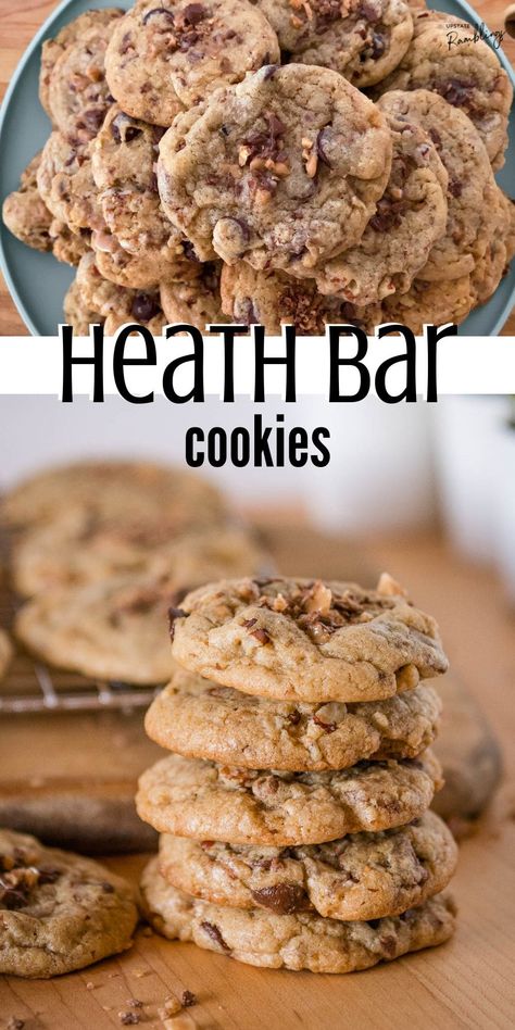 Heath Bar cookies combine crunchy toffee bits, pecans, and melty milk chocolate in a chewy cookie. Dessert Recipes With Toffee Bits, Health Bar Cookies Recipes, Cookies With Heath Bar Bits, Oatmeal Heath Bar Cookies, Almond Toffee Cookies, Recipes With Heath Bar Bits, Best Toffee Cookies, Toffee Blondies Recipe, Heath Chip Cookies Toffee Bits