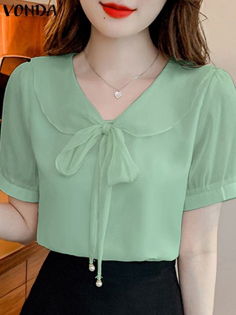 VONDA 2024 Summer Women Blouses Fashion Shirts Casual Short Puff Sleeve Tunic Top Loose Bow Tie Summer Brunch, Women Blouses Fashion, Color Blouse, Womens Clothing Patterns, Short Puff Sleeve, Fashion Shirts, Blouse Material, Summer Blouses, Puff Sleeve Blouse