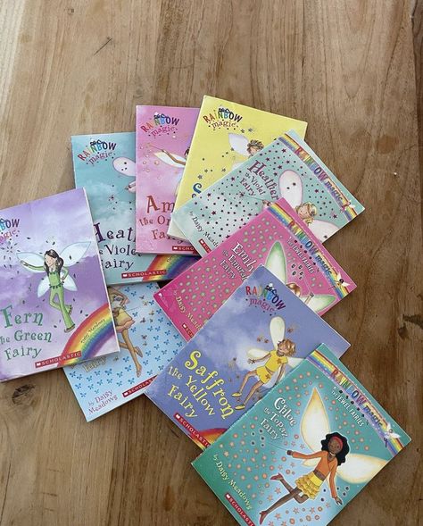 Rainbow Fairies Books, Childhood Moodboard, 2000s Books, Inner Child Aesthetic, Y2k Childhood, Rainbow Fairy Books, Rainbow Magic Fairy Books, Rainbow Magic Books, Fairies Aesthetic