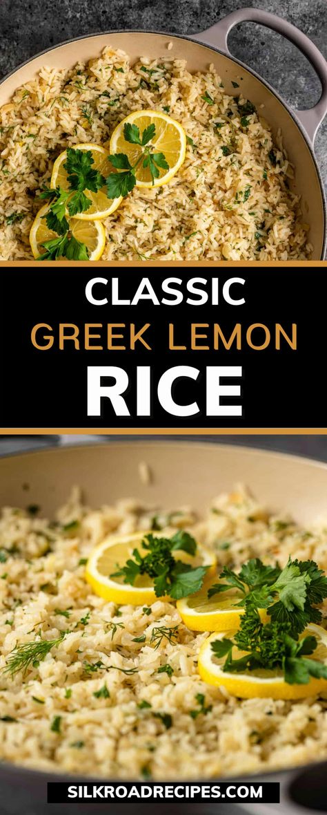 Today, I'm excited to share a simplified version of Greek rice that's bursting with flavor. This Classic Greek Lemon Rice features a delightful mix of lemon juice and zest, fresh parsley, and your choice of oregano or dill. I personally enjoy topping it with a sprinkle of crumbled feta cheese. For a vegetarian or vegan twist, simply swap the chicken broth for vegetable broth and skip the cheese. This versatile dish is sure to satisfy and might just have you reaching for seconds! Greek Lemon Orzo Rice, Spring Greek Recipes, Greek Fried Rice, Greek Orzo Rice, Lemon Thyme Rice, Oven Baked Greek Rice, Greek Chicken With Lemon Rice, One Pot Greek Chicken With Lemon Rice, Lemon Basmati Rice Recipes