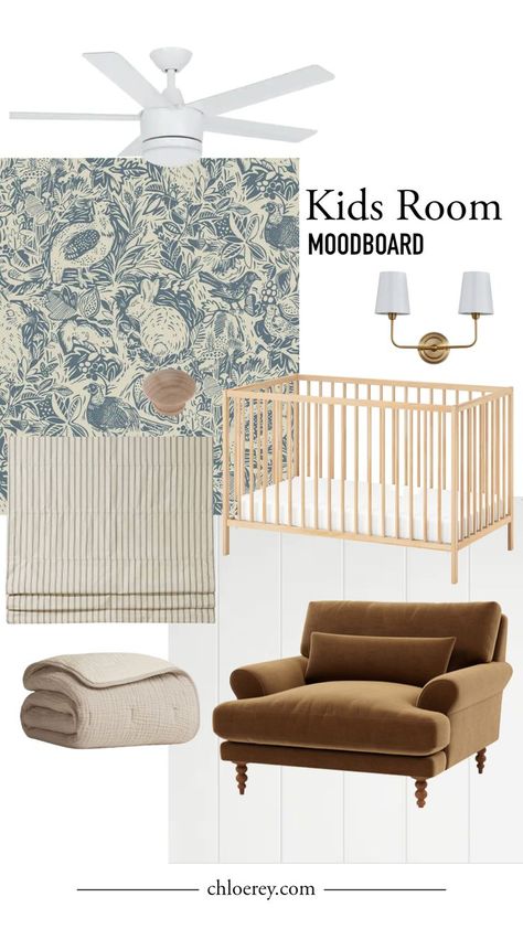 Kids Room Mood Board Wallpaper Wood Crib Velvet Chair Striped Roman Shade Gold Traditional Wall Sconce Modern Ceiling Fan Velvet Chair Kids Bedroom Mood Board, Kids Room Mood Board, Gender Neutral Toddler Room, Gender Neutral Kids Bedroom, Neutral Peel And Stick Wallpaper, Gender Neutral Wallpaper, Grandkids Bedroom, Gender Neutral Bedroom Kids, Neutral Kids Bedroom