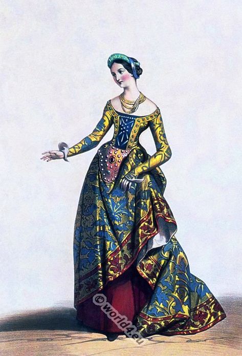 French Lady in the time of Charles VII. (1403-1461). 1400s Fashion, 15th Century Fashion, Burgundy Fashion, Middle Age Fashion, Medieval Costume, Century Clothing, Medieval Clothing, Medieval Fashion, French Women