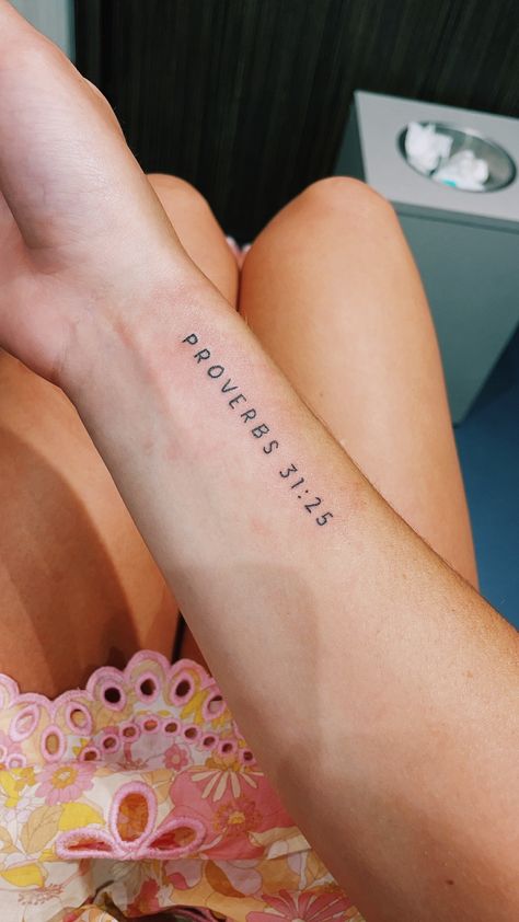 Simple Verse Tattoo, Bible Verse Quote Tattoo, Small Tattoo Bible Verse, Proverb Tattoos Women, Bible Words Tattoo Design, Proverbs 31 Tattoo Small, Bible Verse Tats Tattoo, Simple Bible Tattoos For Women, Tattoo Fonts For Bible Verse