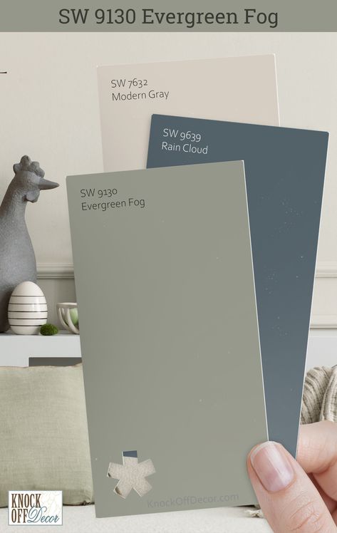 Sherwin-Williams Evergreen Fog coordinating colors Evergreen Fog And Alabaster Bathroom, Green Paint Color Schemes For Home, Evergreen Fog Family Room, Sw Rain Cloud, Sherwood Williams Evergreen Fog, Evergreen Fog With Revere Pewter, Sherwin Williams Georgian Bay, Sherwin Williams Comfort Gray Bedroom, Evergreen Fog Sherwin Williams Complimentary Colors