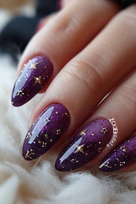 Purple Nail Designs 2024 Black And Purple Nails Wedding, Eclipse Nails 2024, Nails Witchy Aesthetic, Fall Nails Witchy, Bridesmaid Nails Purple Dress, Purple Sun And Moon Nails, Dark Purple Nail Designs Coffin, Flower Fairy Nails, Purple Nails Witchy