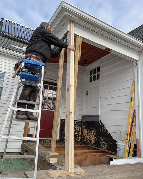 Series of photos showing progress from exposed porch to mudroom Outside Mudroom Front Porches, Bump Out Mudroom Addition, Arctic Entry Addition, Front Porch Mudroom Enclosed, Porch To Mudroom Conversion, Outdoor Mud Room, Porch To Mudroom, Outdoor Mudroom, Mud Room Addition