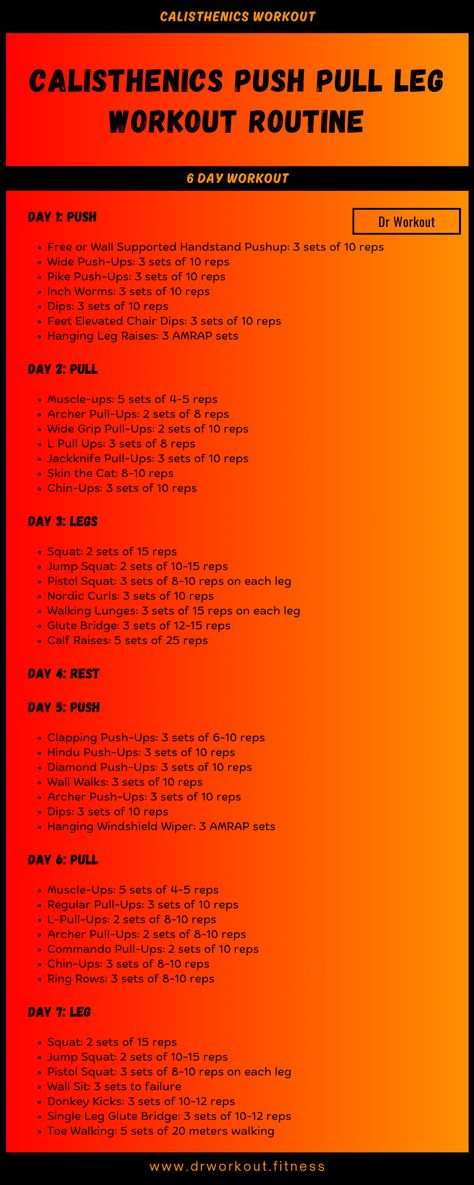 Calisthenics Push Pull Leg Workout Plan Push Pull Legs Home Workout, Push Day Calisthenics, Pull Calisthenics Workout, Calisthenics Workout Home, Pull Push Leg Workout, Calisthenics Leg Workout, Full Body Calisthenics Workout, Leg Strength Workout, Pull Exercises