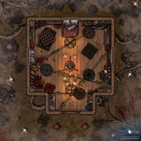 Download this map for free or create your on on dungeonfog.com. ⚔️ - #dungeon #rpg #ttrpg #battlemap #map #dnd #dnd5e #roleplay - A loathsome witch's hut in the heart of some cursed woods. Hag House Dnd, Hag Hut Battlemap, Dnd House Map, Witch Cabin, Dungeon Rpg, Dnd Resources, Witch Hut, Witches House, Old Hag