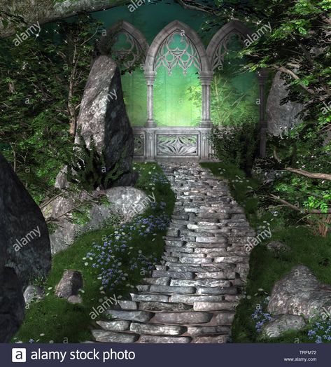 Download this stock image: Flight of stairs taking to a mysterious doorway in a fantasy green forest - TRFM72 from Alamy's library of millions of high resolution stock photos, illustrations and vectors. Mysterious Doorway, Ancient Portal, Magic Portal, Fantasy Forest, Multiple Images, Nail Patterns, Green Forest, Enchanted Forest, 3d Illustration