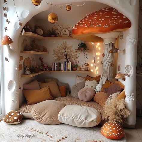 Mushroom Reading Nook, Mushroom Fairy Room Aesthetic, Fairy Home Decor Living Room, Cozy Bedroom Sitting Area, Cottagecore Interior Design Living Room, Room Inspo Cozy Boho, Fairy Core Living Room, Room Inspiration Cottagecore, Fairy Interior Design