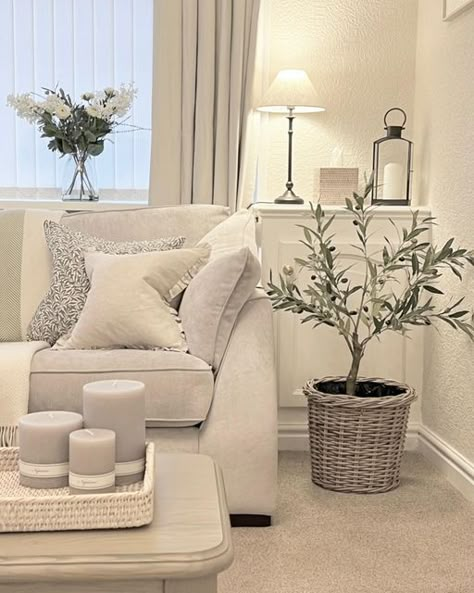 Cosy Lounge Lighting, Home Decor Cushions, Neutral Lounge Decor, The White Company Living Room, White Company Living Room, Small Lounge Decor, White And Cream Living Room, Small Neutral Living Room, Grey Beige Living Room