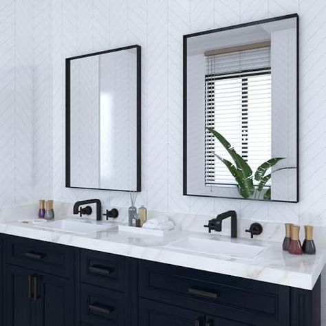 Black Bathroom Mirrors, Wall Vanity Mirror, Black Bathroom Mirror, Grey Wall Tiles, Black Vanity Bathroom, Black Mirror Frame, Bathroom Mirror Frame, Matte Black Bathroom, Wall Vanity