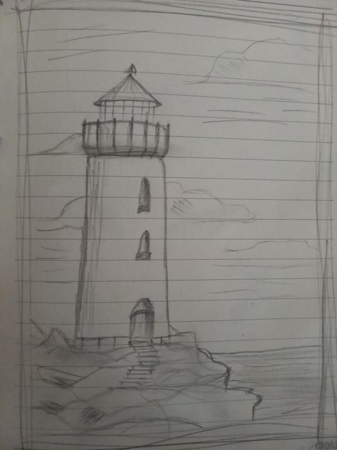 Simple Light House Drawing, Light House Drawing Easy, Light House Sketch, Light House Drawing Sketches, Light House Drawing, Simple House Drawing, Lighthouse Painting, House Sketch, Drawings Ideas