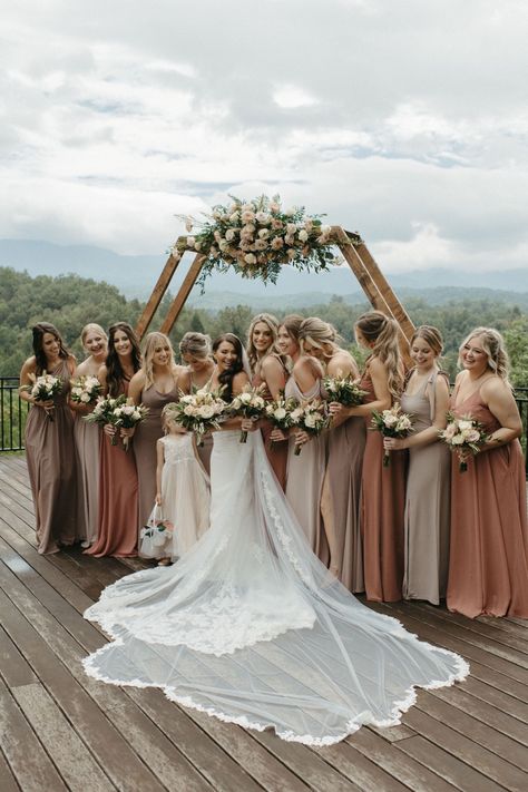 Rustic Theme Bridesmaid Dresses, Wedding Color Schemes Country, Mountain Wedding Palette, Western Boho Bridesmaid Dress, Dreamy Mountain Wedding, Wedding Party Themes Color Schemes, Neutral Brown Bridesmaid Dresses, Bridesmaid Dresses Mountain Wedding, Neutral Country Wedding