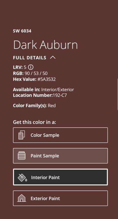 Sherwin Williams Dark Moody Colors, Rockwood Dark Red Sherwin Williams, Rustic Red Paint Colors, Dark Auburn Paint Color, Sw Dark Auburn, Moody Red Paint Colors, Rookwood Dark Red Sherwin Williams, Sherwin Williams Dark Auburn, Arresting Auburn Sherwin Williams