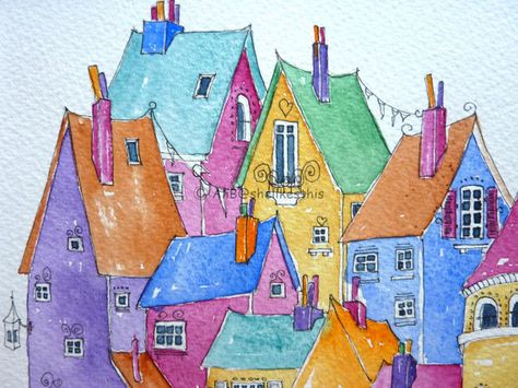 Town Houses, Watercolor Architecture, Storybook Cottage, House Drawing, Happy Paintings, Watercolor Cards, Whimsical Art, Watercolor And Ink, Original Watercolor Painting