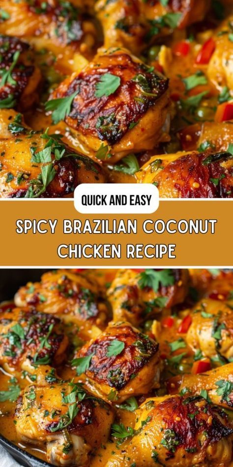 Spicy Brazilian Coconut Chicken Brazilian Chicken Recipes, Brazilian Coconut Chicken, Creamy Coconut Sauce, Cream Chicken Recipes, Coconut Chicken Recipe, Brazilian Chicken, Brazilian Dishes, Lunch Appetizers, Coconut Sauce