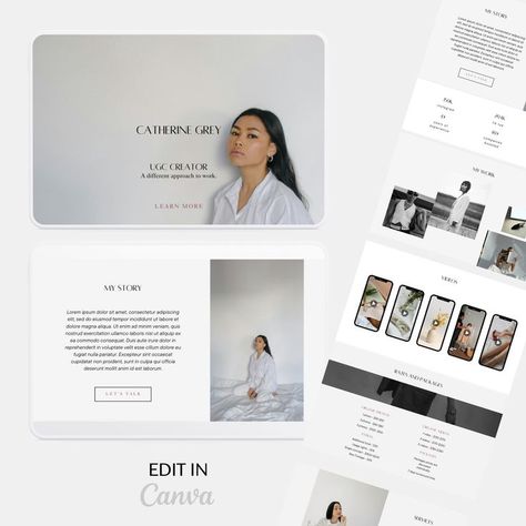Stand out from the crowd with a sleek, modern UGC portfolio website that puts your content first. The UGC portfolio website template features a minimal aesthetic clean design that lets your work shine. - Sleek, modern aesthetic that puts all eyes on your work - Easy to navigate layout - Editable sections to highlight your best content - Mobile responsive design This elegant template is perfect for UGC creators, content creators, influencers. The simple design provides the ideal backdrop. You can Ugc Portfolio Ideas, Ugc Aesthetic, Digital Marketing Portfolio, Google Site Templates, Ugc Portfolio Template, Ugc Creators, Content Portfolio, Website Canva, Elegant Template
