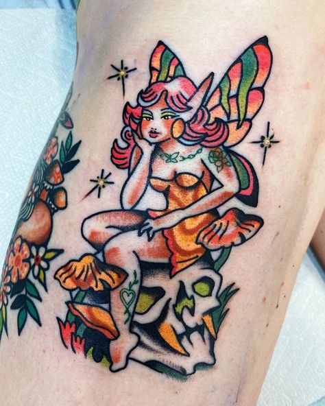 Grace LaMorte on Instagram: "Waiting around for another beast to slay 🌈🥰🍄🌈🥰🍄" Dopamine Tattoo, Kawaii Tattoo, American Tattoos, Fairy Tattoo, Old Tattoos, American Traditional Tattoo, Skin Art, Neck Tattoo, Body Mods