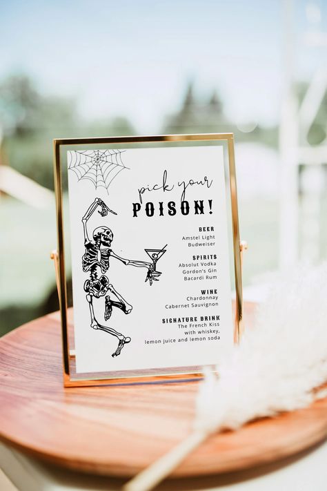 Pick Your Poison Sign Halloween Bar Menu Template Spooky - Etsy Halloween Bar Menu Ideas, Skeleton Bridal Shower Ideas, Witchy Wedding Signs, Spooky Bridal Shower Decorations, Pick Your Poison Bar, Halloween Rehearsal Dinner, Halloween Menu Template, Halloween Cocktail Menu Design, Drink Signs For Party