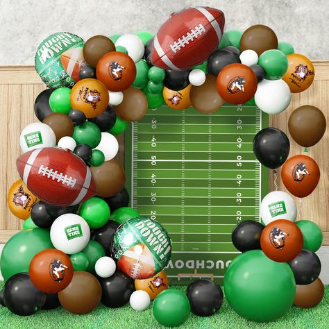 Green And Brown Balloon Garland, Football Party Ideas Decorations, Football Decorations Party, Football Themed Birthday Party Decorations, Football Party Decorations Diy, Tailgating Decorations, Football Centerpiece Ideas, Football Balloon Arch, Senior Night Decorations