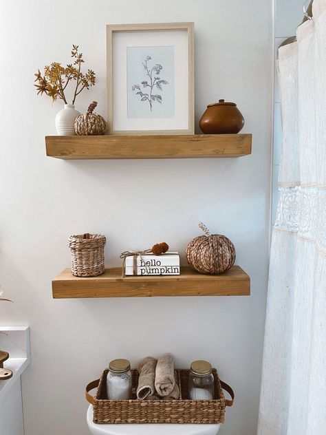 Wood Floating Shelf Pine - … curated on LTK Fall Bathroom Decor Ideas, Fall Bathroom Decor, Rustic Bathroom Shelves, Toilet Room Decor, Fall Bathroom, Floating Shelf Decor, Guest Bathroom Decor, Shelf Decor Living Room, Bathroom Shelf Decor