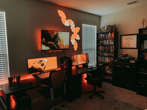 Battle Stations Gaming, Double Desk Gaming Setup, Battle Station Office, Alienware Monitor, Video Game Office, Alienware Desktop, Nanoleaf Designs, Leaf Lights, Pc Room