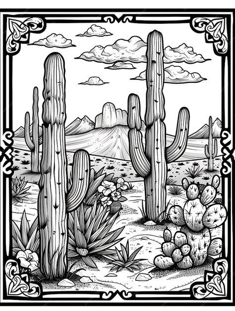 Cactus Desert Drawing, Outline Art Tattoo, Mexican Cactus Art, Desert Tattoos, Desert Clipart, Cactus Outline, Desert Drawing, Desert Tattoo, Chest Tattoo Stencils