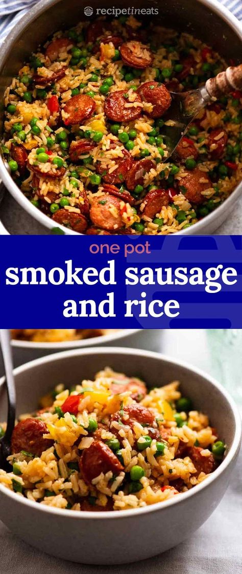 This Sausage and Rice Casserole is a quick one pot dinner recipe that punches way above its weight in terms of effort vs results. Smoked sausage is the trick! It adds a ton of flavour that’s absorbed by the rice. I’ve used kransky, but any type will do – kielbasa, chorizo, etc. Tastes like Jambalaya, minus the cajun flavours, and much faster to make! Rice Dinner Recipes Main Dishes, Smoked Sausage And Rice, Turkey Smoked Sausage, Sausage And Rice Casserole, Turkey Smoked, Sausage Casserole Recipes, Smoked Sausages, Sausage And Rice, Sausage Recipes For Dinner