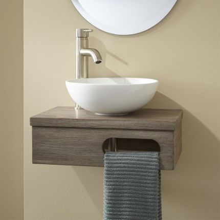 18" Teak Gray Wash Wall-Mount Vanity Small Vanity Sink, Vessel Sink Vanity, Small Bathroom Sinks, Small Bathroom Vanities, Small Sink, Small Vanity, Teak Wall, Small Toilet, Sink Design