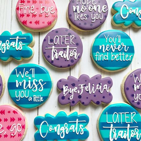 Andrea Wright on Instagram: “See ya later, traitor! #byefelicia #sugarcookies #customcookies #goodbyecookies #goingawaycookies #cookiedecorating #cookie…” Goodbye Gifts For Coworkers, Farewell Cake, Leave Cookies, Cookie Corner, Home Bakery Business, Retirement Party Decorations, Sugar Cookie Designs, Fondant Cookies, See Ya