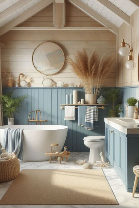 Bring the beach home with this soothing combination of ocean blue and sandy beige. A vacation vibe for your daily routine. #CoastalBathroom #BeachInspired Cream Beach House Exterior, Beach House Decor Aesthetic, Blue Tan Bathroom, Lake House Half Bathroom, Beach Aesthetic Bathroom, Bathroom Color Palette Ideas, Blue Beige Bathroom, Blue And Beige Bathroom, Blue And Tan Bathroom