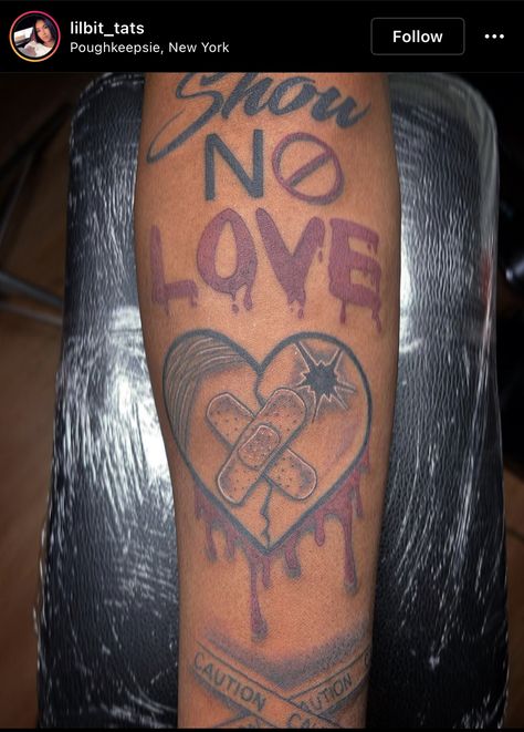 Arm Fill In Tattoos, No Love Tattoo Designs, Heartless Tattoo Men, No Love Tattoo Men, Love Tattoo Men, Show No Love Tattoo, Hard Times Tattoo, Love Tattoos For Men, No Love Tattoo