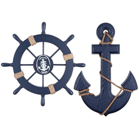 PRICES MAY VARY. MATERIAL: Ship wheel and anchor ornament is made of solid wood, hand painted with navy blue color, decorating with natural jute string SIZE: Ship wheel measures 11 inches in diameter, anchor measures 13"×9"(L×W), suitable for wall hanging display NAUTICAL DECOR: Nautical decoration creates the idea of maritime life from the blue waters of the sea to the ships. Ship wheel and anchor are essential elements and could be a good way to add a touch of nautical accent to your home deco Dogs Luxury, Anchor With Rope, Anchor Wall Art, Diy Photo Wall, Wood Lighthouse, Wood Anchor, Nautical Room, Door Hanging Decorations, Anchor Decor