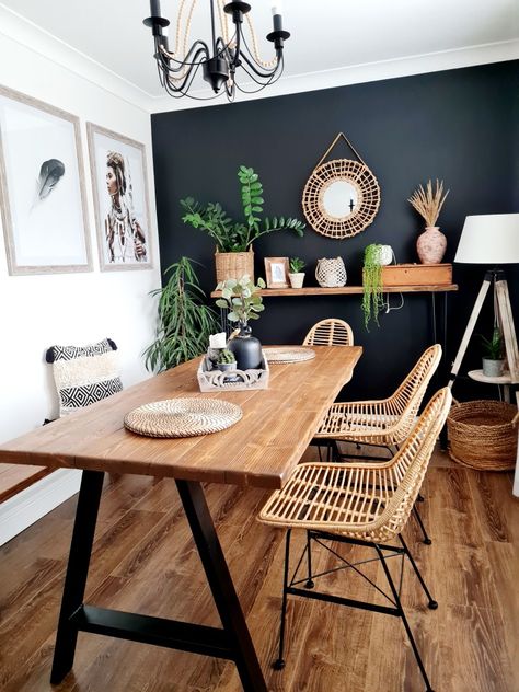 Acacia Dining Table Decor, Boho Formal Dining Room, Dining Room Inspo Boho, Cozy Dining Room Wall Decor, Dining Room Apartment Aesthetic, Dinning Room With Coffee Station, Small Industrial Dining Room, Boho Living Dining Combo, Small Dining Room Ideas Boho