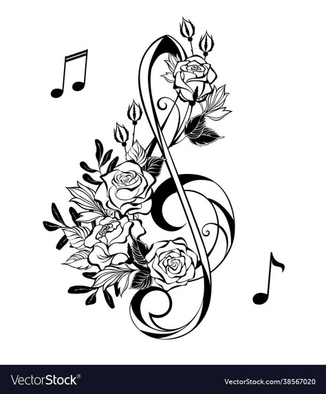 Treble Clef And Flower Tattoo, Music Note Tattoo With Flowers, Treble Clef Tattoo With Flower, Floral Treble Clef Tattoo, Sunflower Music Tattoo, Music Tattoo Stencil, Alto Clef Tattoo, Floral Music Tattoo, Music And Flower Tattoo