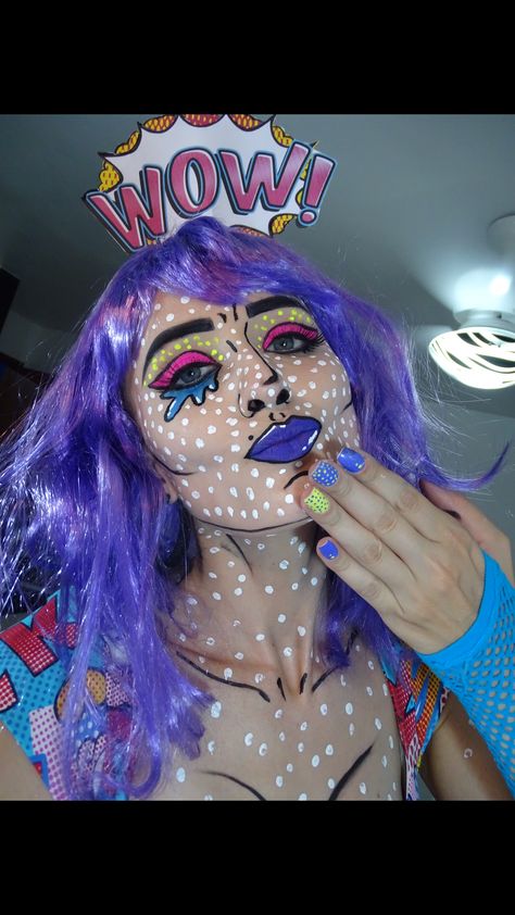 Pop Art Makeup Looks, Super Hero Makeup Women, Pop Art Characters, Pop Art Costume Outfit, Comic Makeup Pop Art, Pop Art Face Paint, Pop Art Makeup Ideas, Pop Art Outfit, Pop Art Kostüm