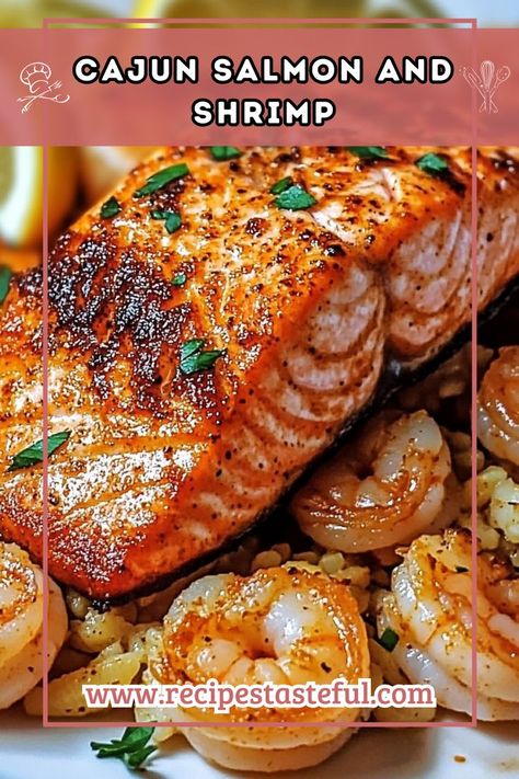 This Cajun Salmon and Shrimp dish combines spicy Cajun flavors with perfectly cooked seafood for a delightful meal. It can be prepared in the oven or on the grill for a delicious and satisfying dinner. Cajun Salmon Recipes Baked, Cajun Salmon And Shrimp, Spicy Salmon Recipes, Blackened Salmon Recipes, Oven Salmon, Cajun Shrimp Recipes, Cajun Salmon, Salmon And Shrimp, Cajun Creole Recipes