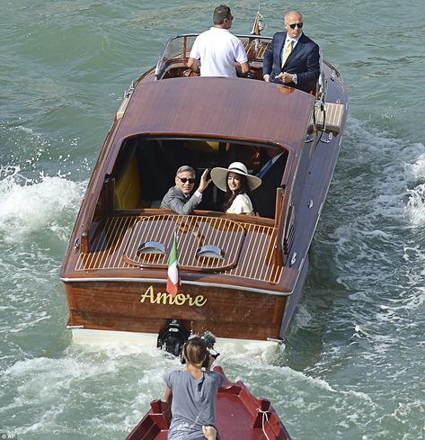 Hot pursuit: The paparazzi were right behind George and and Amal as they took off by water taxi after their official ceremony Clooney Amal, George Clooney Amal Alamuddin, George Clooney And Amal, Boat Aesthetic, French Lace Wedding Dress, Wedding Reveal, Boat Icon, Venetian Wedding, Amal Alamuddin