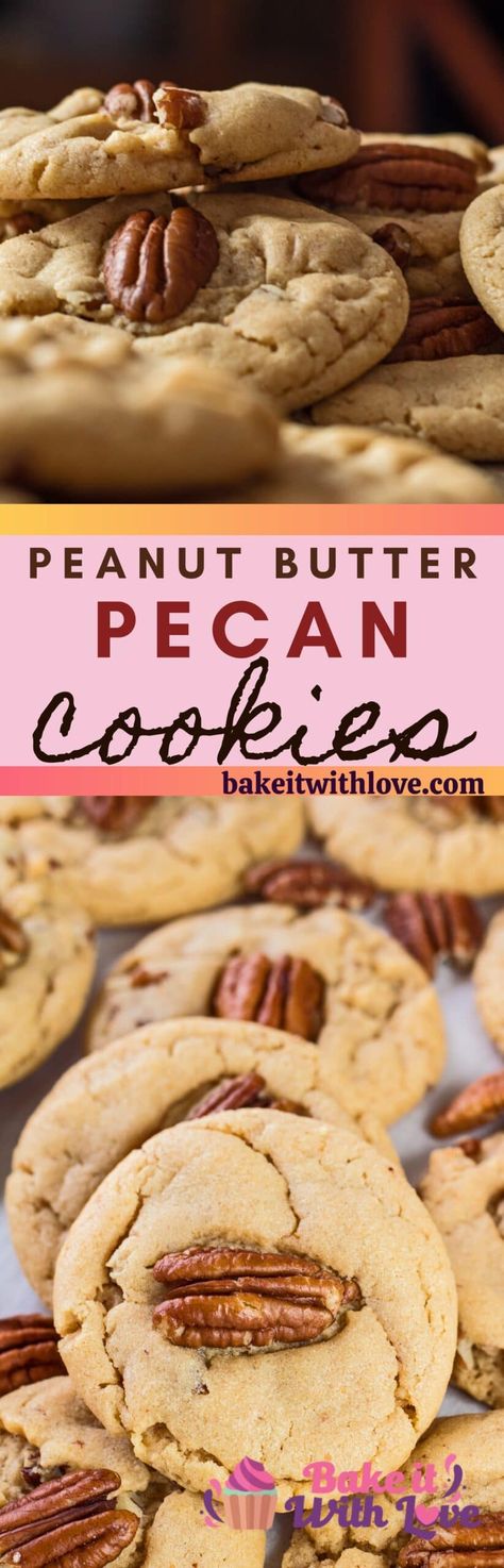 My soft and chewy Peanut Butter Pecan Cookies are loaded with classic peanut butter cookie flavor with delicious chunks of pecan throughout the cookies! Top them off with a whole pecan for more great pecan flavor in these addictively tasty, buttery cookies! bakeitwithlove.com | #bakeitwithlove #peanutbutterpecancookies #peanutbutter #pecans #cookies #easy #recipe #best #soft #chewy #nutty #pecancookies Peanut Butter Walnut Cookies, Peanut Butter Pecan Cookies, Pecan Cookies Easy, Pecans Cookies, Peanut Butter Cookie Recipe Soft, Cookies 2023, Freezer Cookies, Pecan Crunch, Baking Therapy