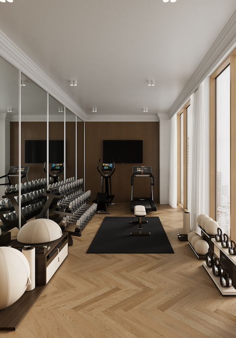 Sportova | Luxury Fitness & Home Gym Design Gym Home Luxury, House Fitness Room, Classic Gym Interior, Luxury At Home Gym, Luxury Home Gym Ideas, Neutral Home Gym Aesthetic, Home Gym Inspiration Small Spaces, Classy Home Gym, Fancy Home Gym