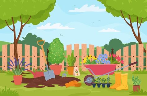 Vector garden landscape with plants tree... | Premium Vector #Freepik #vector #gardening #gardening-tools #garden-tools #shovel Backyard Illustration, Wheelbarrow With Flowers, Vector Garden, Spring Illustration, Garden Illustration, Plant Seeds, 2d Character, Backyard Fences, Garden Landscape