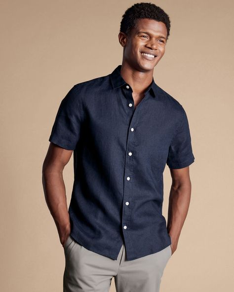 Pure Linen Short Sleeve Shirt - Navy | Charles Tyrwhitt Navy Shirt Outfit Men, Navy Shirt Outfit, Linen Short Sleeve Shirt, Charles Tyrwhitt Shirt, Black Suit Wedding, Shirt Outfit Men, Smart Jackets, Collarless Shirt, Business Casual Shirts