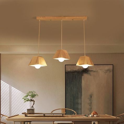 Japanese style pendant light  is made of wood, which makes it is easy to blend into most style.  The simple design makes it perfect dining room, kitchen bar, and more. It is easy to install and use, fine workmanship, simple and subtle.  👍👍Specification: - Material used:   Oak wood - Color Temperature:   Warm 2700K - Well made with wood, very natural and eco-friendly, safe, sustainable, durable. - Width:   Each light is 8 inch is diameter - Adjustable height to a maximum of 150cm or 60 Inches. Japandi Condo, Dining Room Table Light Fixture, Japandi Lighting, Dining Room Table Light, Scandinavian Ceiling Light, Japanese Lighting, Wooden Ceiling Design, Interior Light Fixtures, Types Of Ceilings