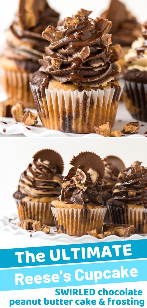 Chocolate peanut butter swirled cake and chocolate peanut butter swirled frosting makes these the ULTIMATE Reese’s Cupcakes! Plus there’s chopped peanut butter cups in the cake batter! We know you’ll fall in love with this reese’s cupcake with reese’s frosting. #reesescupcakes #chocolatepeanutbutter #peanutbuttercupcakes Recess Peanut Butter Cupcakes, Reeses Cupcakes Easy, Recess Cupcakes, Recess Dessert, Recess Peanut Butter Cake, Reese’s Peanut Butter Cupcakes, Reese’s Cupcakes, Reeses Cupcake, Reese Cupcakes