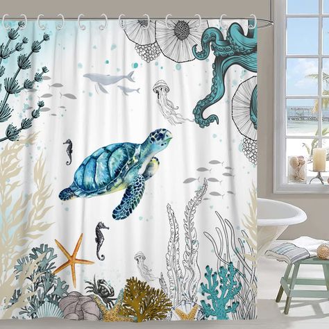 PRICES MAY VARY. [Premium Fabric] Our Sea Turtle shower curtain is made of 100% polyester durable waterproof material, thick enough for privacy protection, good wrinkle resistance and shape retention, high strength and elastic recovery. [Size & HD Printing]72X60 inches/72X65 inches/72x72 inches/72X78 inches/84X72 inches/36X72 inches/48X72 inches/96X72 inches sizes to choose.The standard size 72"X72" fit most bathtubs and shower stalls. Adopting the latest high-definition digital printing technol Ocean Themed Bathroom Shower Curtains, Coastal Theme Bathroom, Turtle Bathroom, Nautical Shower Curtain, Ocean Themed Bathroom, Ocean Shower Curtain, Ocean Bathroom, Watercolor Shower Curtain, Bathroom Shower Curtain Sets